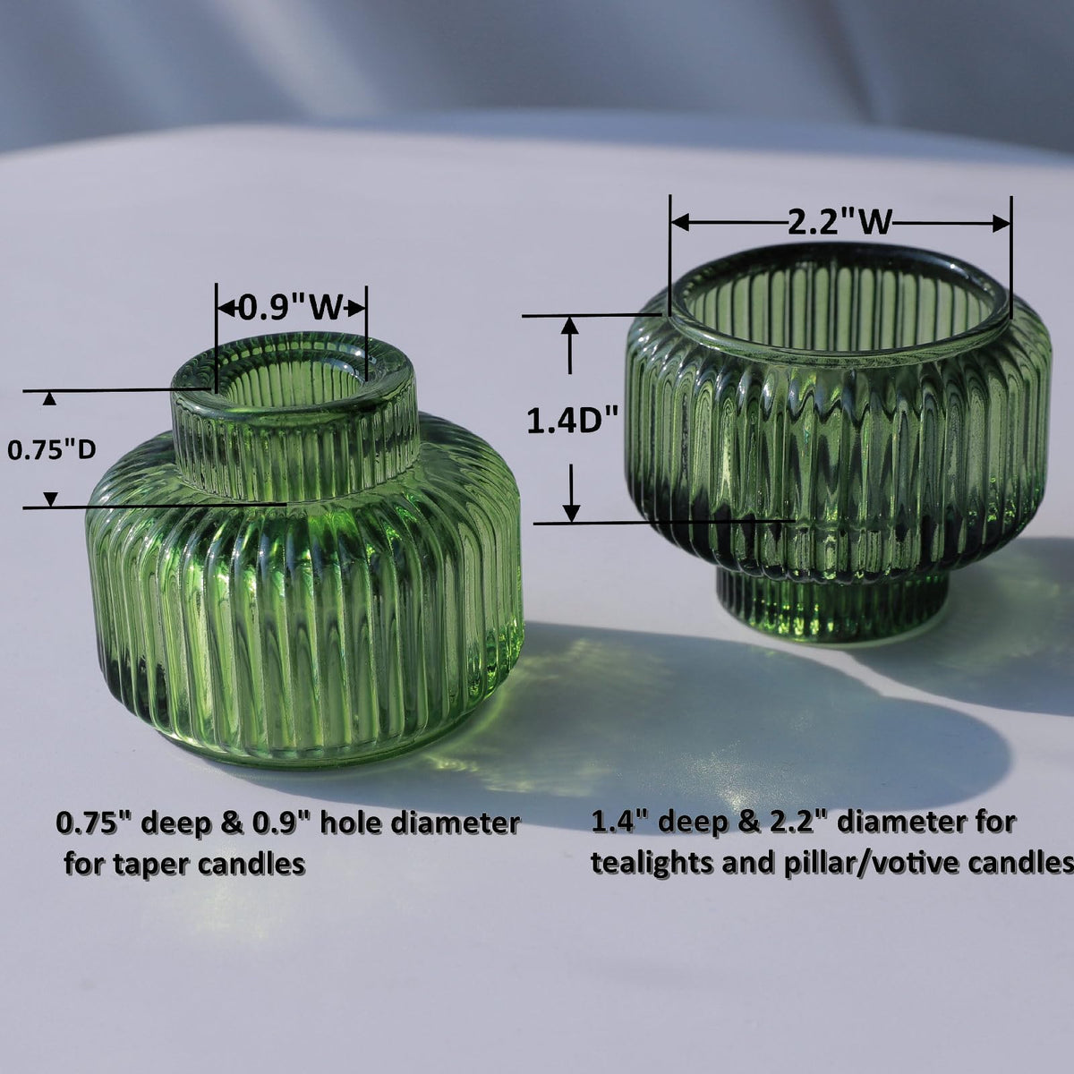 Woho Candlestick Holders Set of 4 for Taper Candles/Tea Lights, Green Ribbed Candle Sticks Holder Decor for Table Centerpiece, Reversible Taper Candle Holders Glass for Christmas Home Decoration