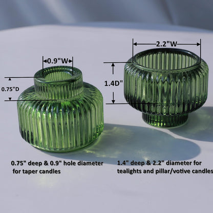 Woho Candlestick Holders Set of 4 for Taper Candles/Tea Lights, Green Ribbed Candle Sticks Holder Decor for Table Centerpiece, Reversible Taper Candle Holders Glass for Christmas Home Decoration