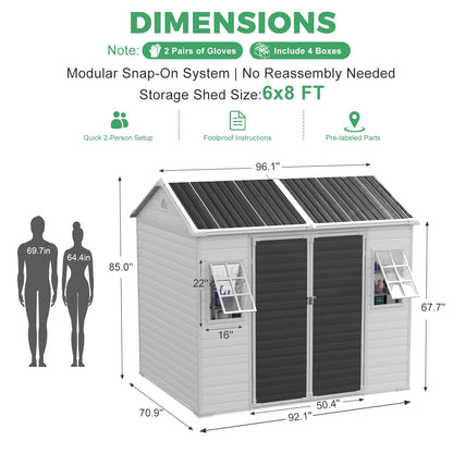 8x6 FT Resin Plastic Shed with Floor, Heavy-Duty 21-Gauge Reinforced Steel Frame, 16mm Ultra-Thick Panels, Outdoor Storage Sheds with Awning Windows and Air Vents