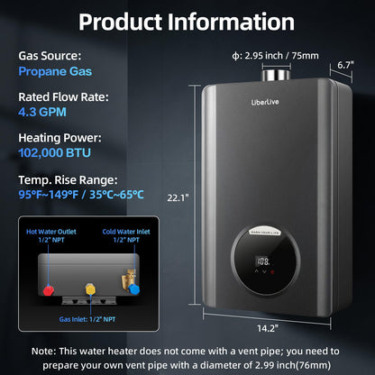 Propane Gas Tankless Water Heater, Indoor Max 4.3 GPM, 100,000 BTU On Demand Instant Hot Water Heater Propane Gas with LED Temperature Control Panel, 1/2" NPT Connector Size, Gray