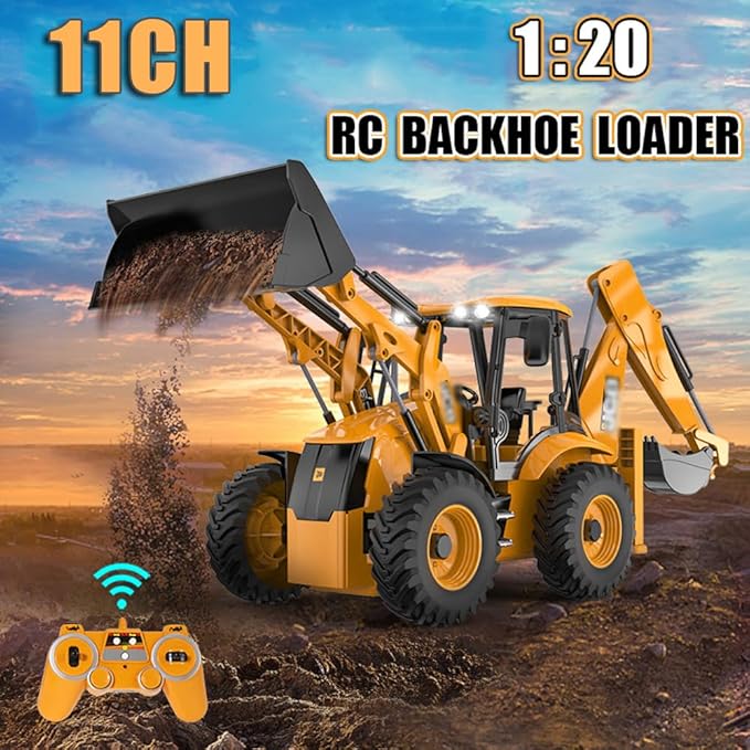 RC Backhoe Wheel Loader 2.4G Fully Functional 1/20 Remote Control Excavator Bulldozer Back Hoe Truck Tractor Digger Heavy Duty Construction Vehicle Engineering Trucks