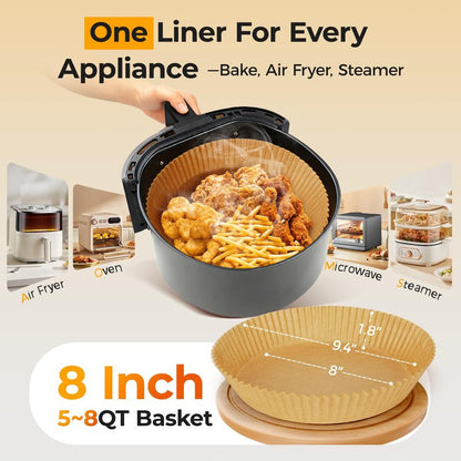 250 Pcs 8" Round Air Fryer Liners Disposable, Unbleached Parchment Paper Liners for Airfryer Basket, Non-Stick & Leakproof Baking Paper for Oven Roasting