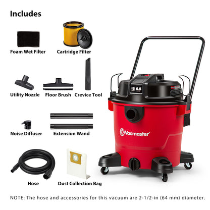 Vacmaster 16-Gallon 6.5 Peak HP† Wet/Dry Vacuum – VJH1612PF 1101, Red