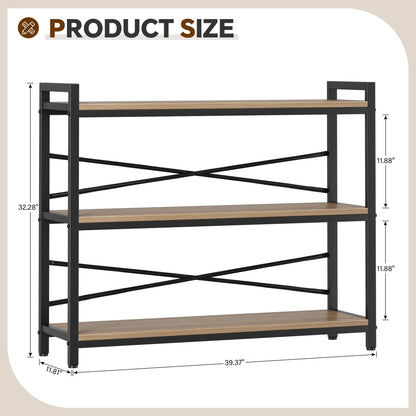 3 Tier Bookshelf 39.37" Width, Dorm Desk Hutch, Desk Shelf, Long Industrial Bookcase, Wooden Large Book Shelf for School Home Living Room Bedroom Office Storage(Light Coffee)