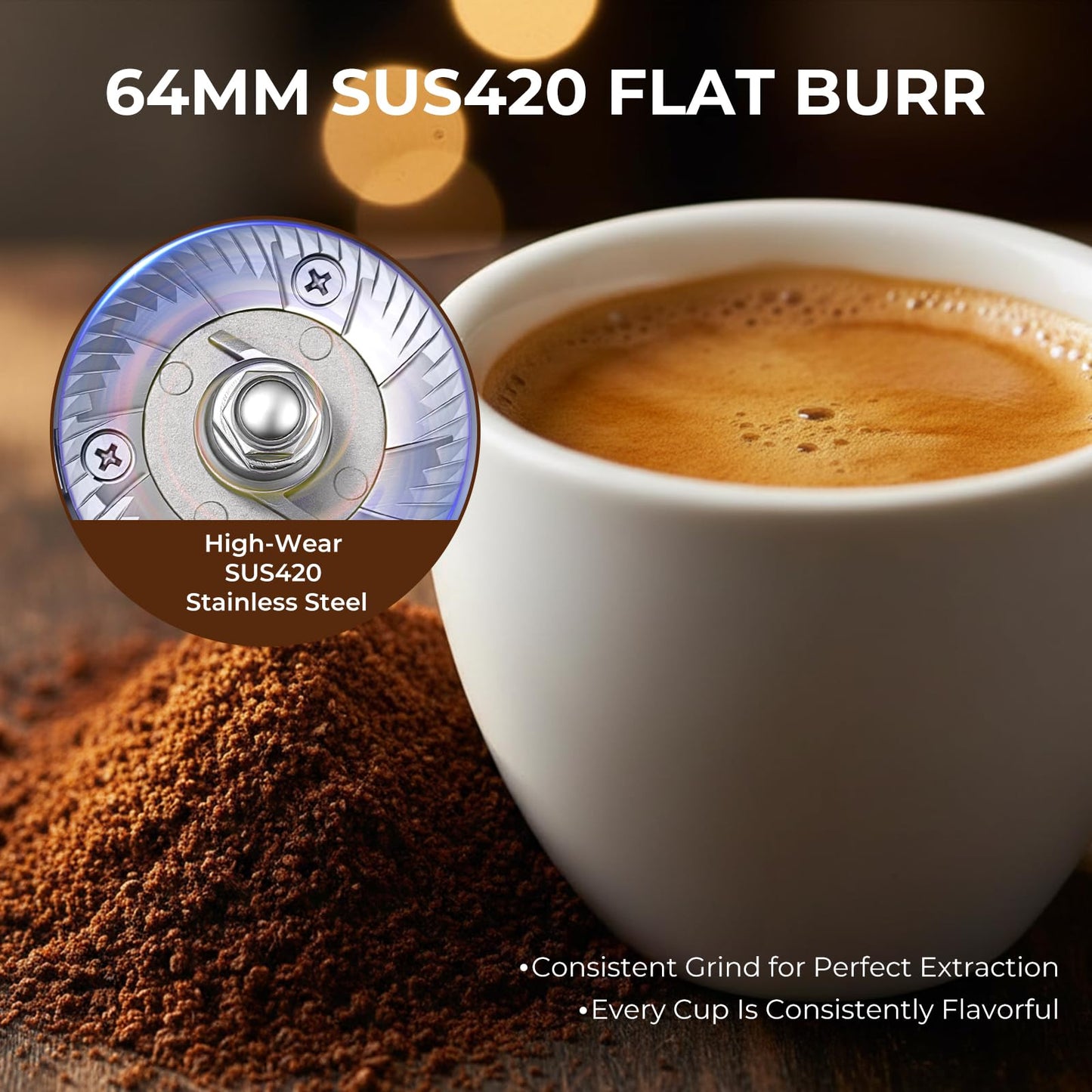 Flyseago Commercial Coffee Grinder with Electric Tamper, 64mm SUS420 Flat Burr, 14 Grind Settings for Café, Bakery