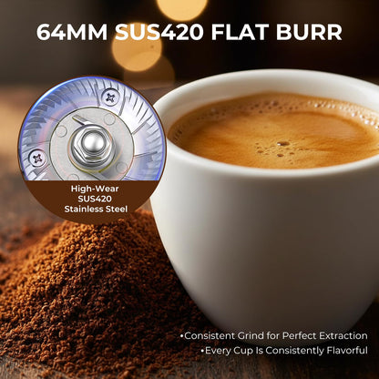 Flyseago Commercial Coffee Grinder with Electric Tamper, 64mm SUS420 Flat Burr, 14 Grind Settings for Café, Bakery