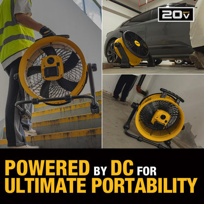 DEWALT Industrial High-Velocity Floor Fan with Battery & Charger, AC/DC Dual Power Supply, 270° Adjustable Tilt Design 3-Speed 4000 CFM 6 ft Cord 18-Inch Barrel Fan, DXF1850A