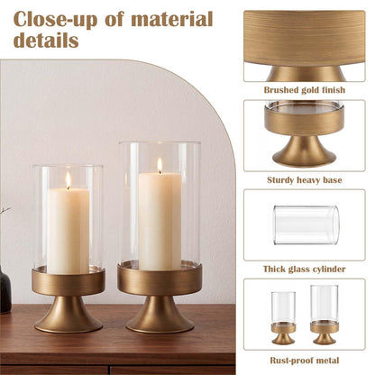 Gold Hurricane Candle Holder with Glass Cylinder Decorative Metal Pedestal Candlestick Holders for Pillar Candles Elegant Centerpiece for Dining Table Wedding Fireplace Mantel Living Room Home Decor