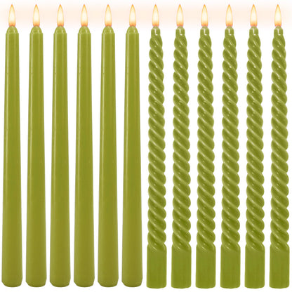 Whaline 6 Pack Olive Green Taper Candles and 6 Pack Spiral Candles Set 10 Inch Elegant Dripless Twisted Wax Candle Long Unscented Candlesticks for Spring Wedding Dinner Party Home Table Decor