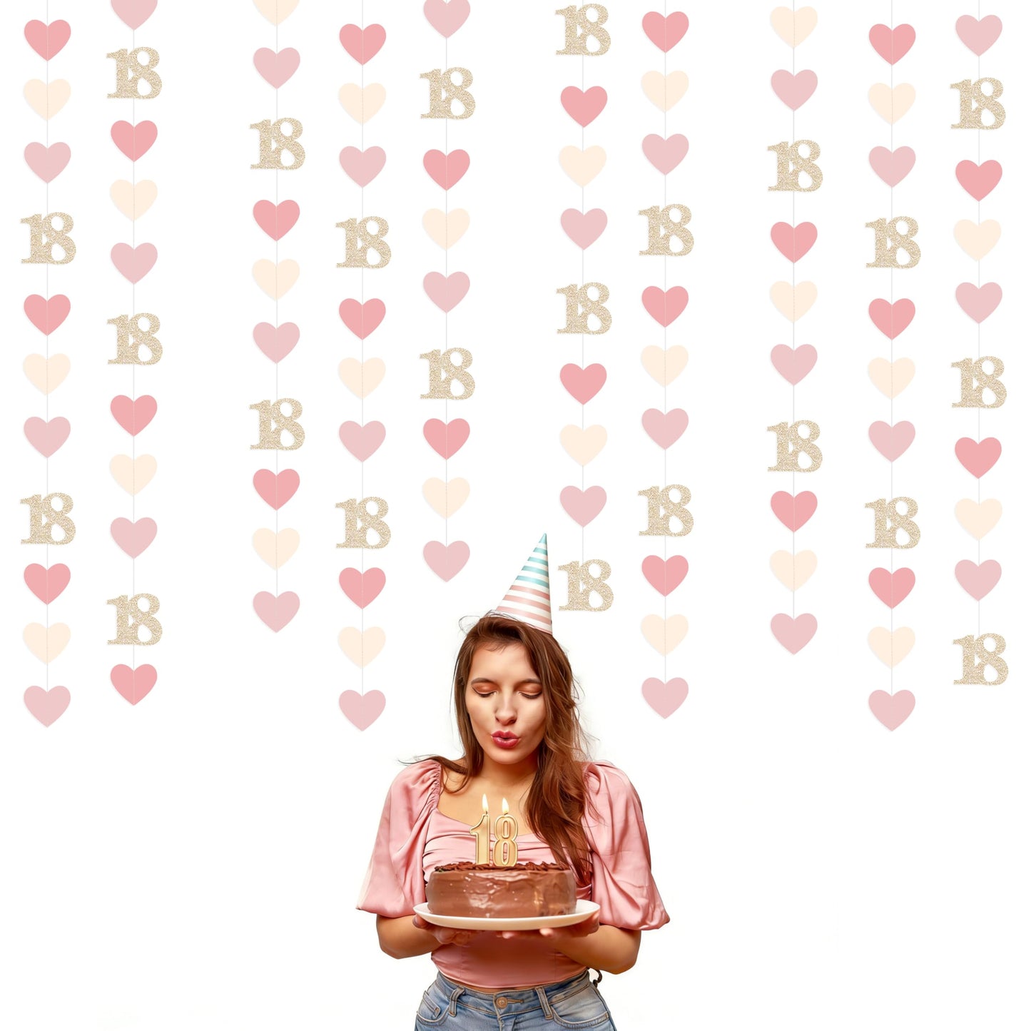 Champagne Gold Pink 18th Birthday Decorations Champagne Gold Dusty Pink Heart Garland Streamer Banner Backdrop for Girls Happy 18th Birthday Time to Adult Cheers to 18 Years Old Party Supplies