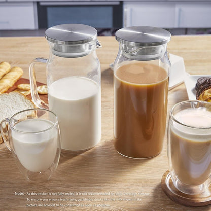 Bivvclaz 2 Pack 1.2 Liter 40 oz Small Glass Pitcher with Lid and Handle, Glass Carafe Water Pitcher for Hot/Cold Water, Iced Tea, Drinks, Coffee, Juice and Homemade Beverage