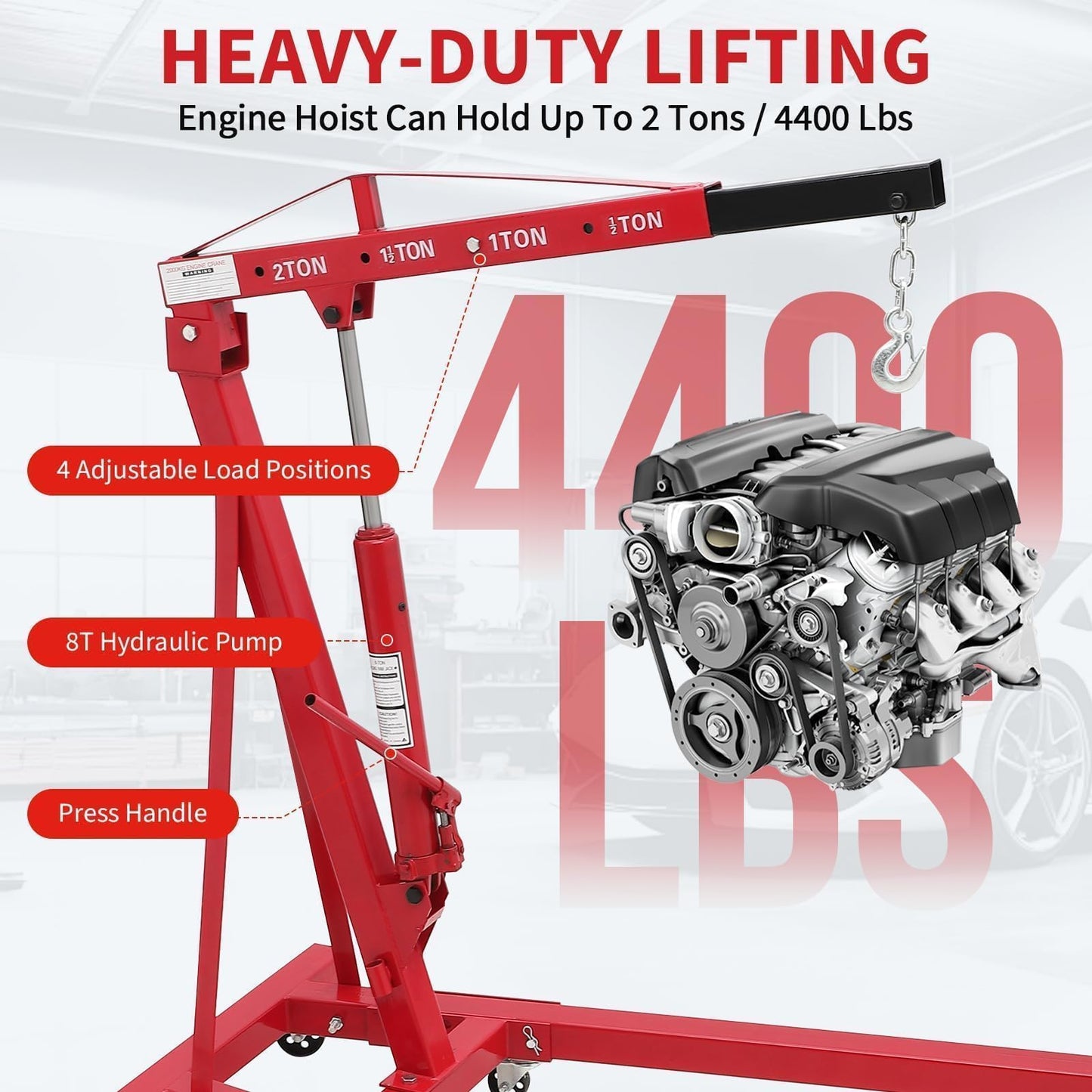 ActiveTrail 2 Ton Folding Hydraulic Engine Hoist, Load Leveler, 4400 LBS Capacity, Heavy Duty Cherry Picker, 6 Swivel Wheels, Hydraulic Pump Adjustable Boom (0.5t-2t) for Garage Workshop Warehouse