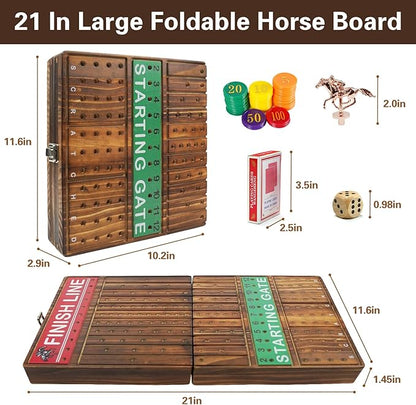 FUNNYB&ampG 21 inches Horse Race Board Game Foldable Large Horse Racing Game for Adults with 11 Metal Horses Solid Wood 60 Pcs Poker Chips 2 Dice 1 Pack of Cards for Family Tabletop Parties(Brown)