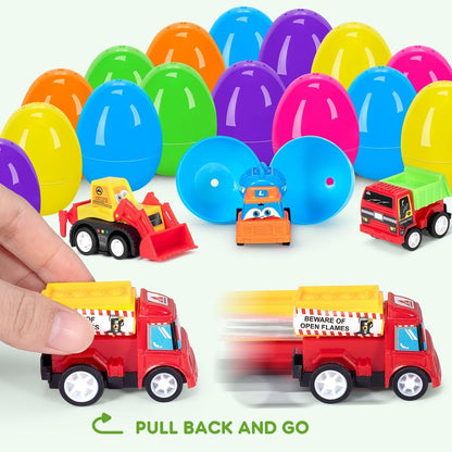SUGFUT 24 PCS Prefilled Easter Eggs with Toys Pull Back Cars Easter Basket Stuffers for Toddler Gifts for Kids - Easter Party Favors