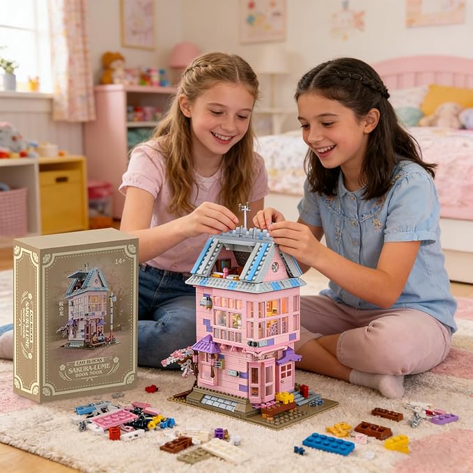 Cherry Blossom Pink House Building Set with LED Light Three Story Apartment with Study Greenhouse Cherry Blossom House Construction for Home Decor Birthday Gift for Adults Girls 12+ (1432 PCS