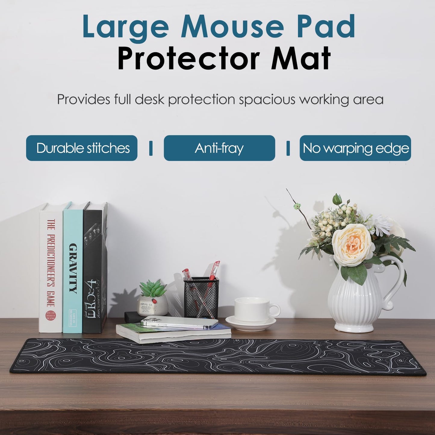 Topographic Map Waterproof Mouse Pad - Extended Contour Mouse Mat for Home and Office, Large Gaming Mousepad Laptop Keyboard Mat with Non-Slip Rubber Base, Stitched Edges (31.50"x11.81"x0.12")