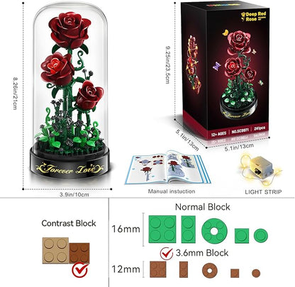 Flower Building Set with LED Light - 241 PCS Burgundy Red Rose Building Blocks Kit with Cover Easter Day Gift for Her Grilfriend Wife 3.6MM Mini Botanical Collection Block Toy Home Decor