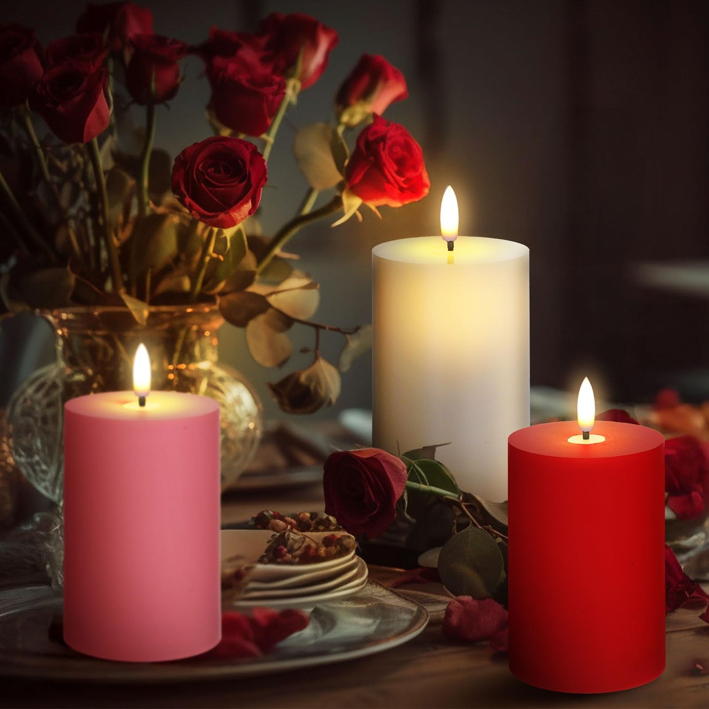 Tuanse 6 Pcs LED Flameless Candles 4.3" Battery Operated LED Lights Electric Decorative Pillar Candle for Wedding Party Decorations Room Dinner Decor Gifts(Red, Pink, White)