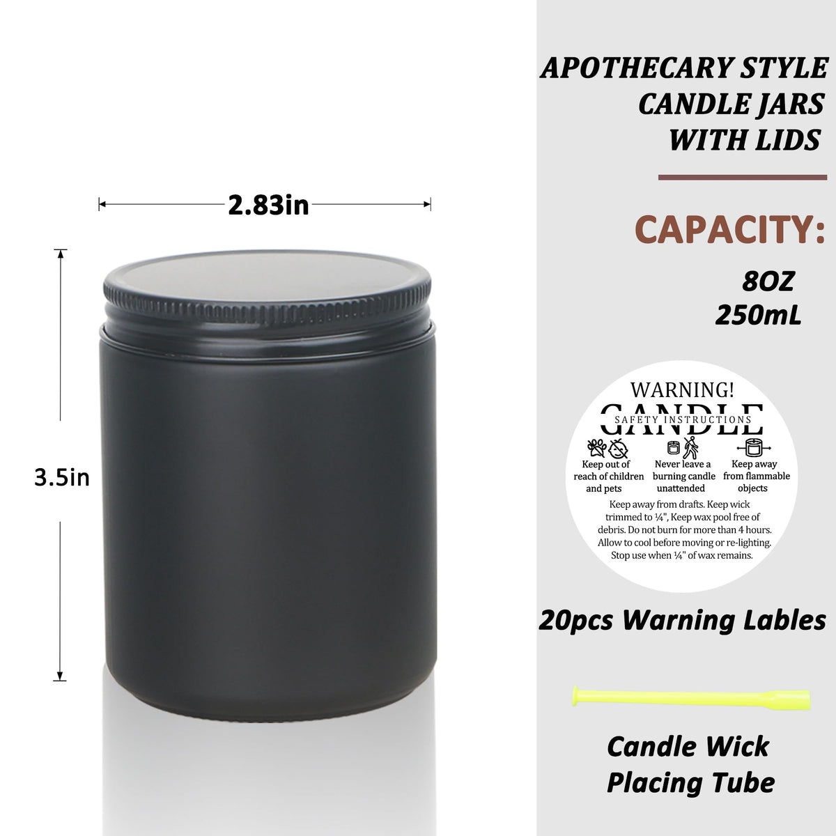 MILIVIXAY 20 Pack 8 OZ Thick Glass Matte Black Candle Jars with All Black Metal Lids-Bulk Empty Candle Jars for Making Candles-Canning Jar for Spice, Liquid, Sample- Dishwasher Safe.