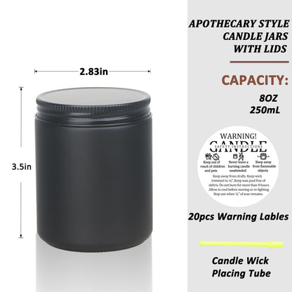 MILIVIXAY 20 Pack 8 OZ Thick Glass Matte Black Candle Jars with All Black Metal Lids-Bulk Empty Candle Jars for Making Candles-Canning Jar for Spice, Liquid, Sample- Dishwasher Safe.