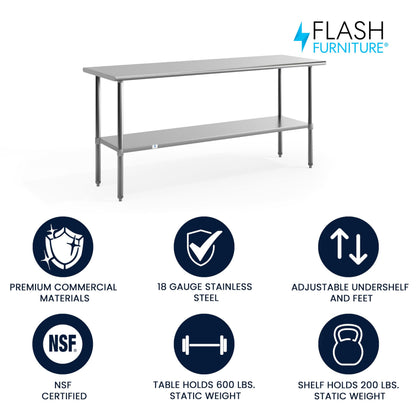 Flash Furniture Reader NSF Certified Stainless Steel Kitchen Prep and Work Table, Commercial Work Table with Undershelf Storage, Silver