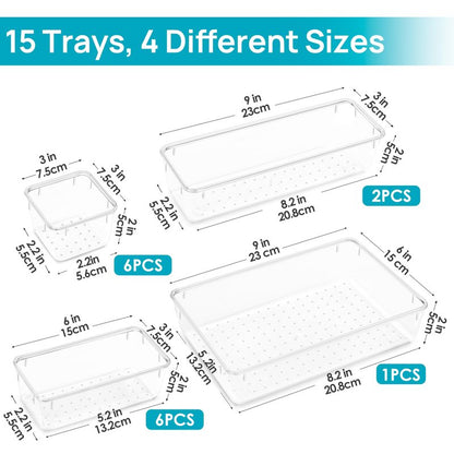 Vtopmart 15 PCS Clear Plastic Drawer Organizers Set, 4-Size Versatile Bathroom and Vanity Organizer Trays, Non-Slip Storage Containers for Makeup, Jewelries, Bedroom，Kitchen Utensils and Office