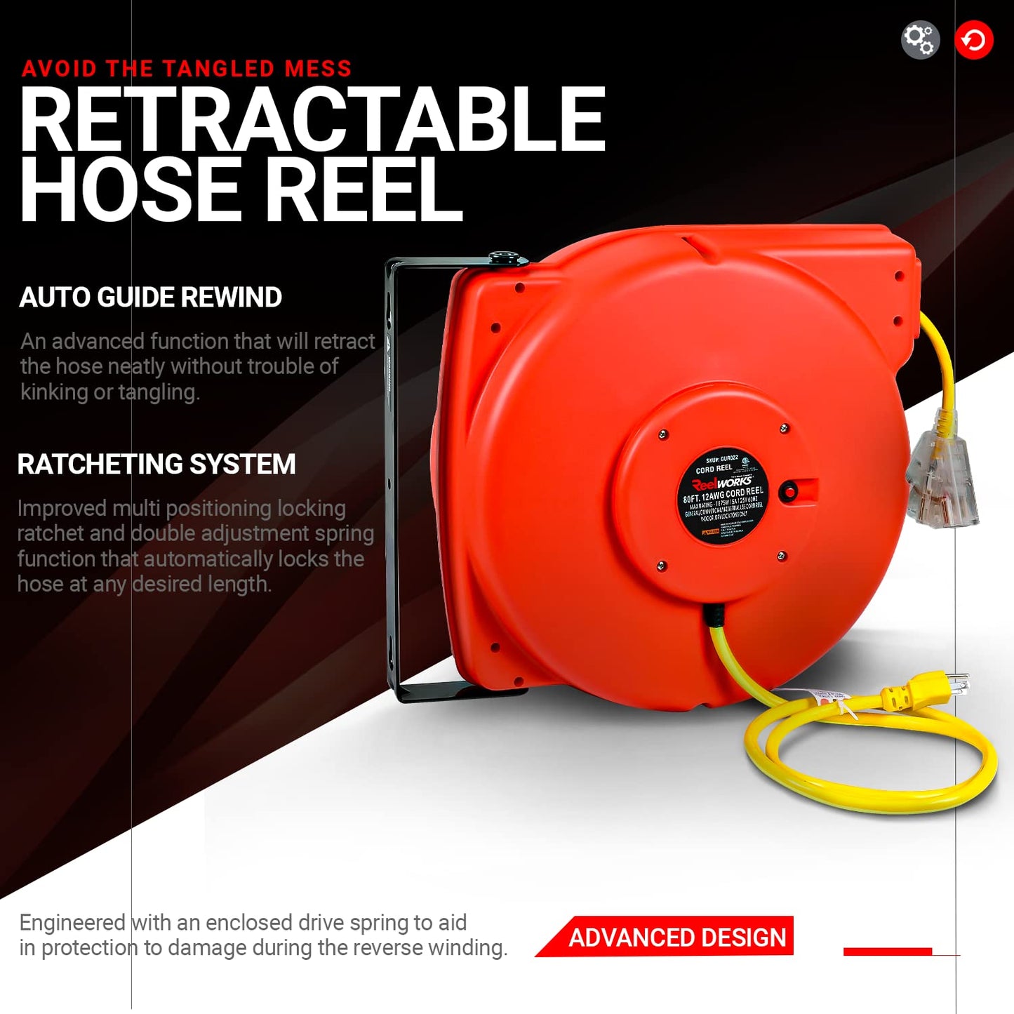 ReelWorks Extension Cord Reel Retractable Longest Industrial 12awg x 80' Foot Commercial Premium Grade & Leaf Mulcher Shredder Electric Green and Waste Management Heavy Duty [Bundle Deal]