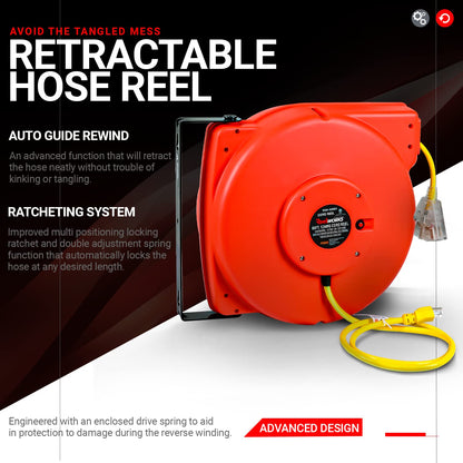 ReelWorks Extension Cord Reel Retractable Longest Industrial 12awg x 80' Foot Commercial Premium Grade & Leaf Mulcher Shredder Electric Green and Waste Management Heavy Duty [Bundle Deal]