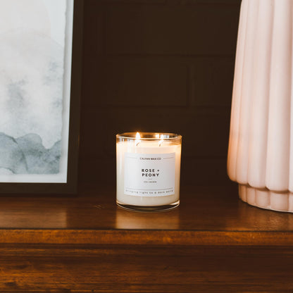 Calyan Wax Co. Rose & Peony 2 Wick Scented Candle - 37 Hour Burn - Luxury Clean Soy Wax Candles - Long Lasting Large Glass Jar Candle for Home - 8.8oz