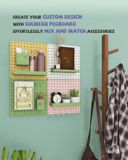 Soubeoii Metal Pegboard Combination Kit — 4 Carbon Steel Pegboards with 26 Accessories, Pegboard Wall Organizer for Home, Office, Study Room, Kitchen, Garage & Craft Room — 24″ × 24″ White Peg Board