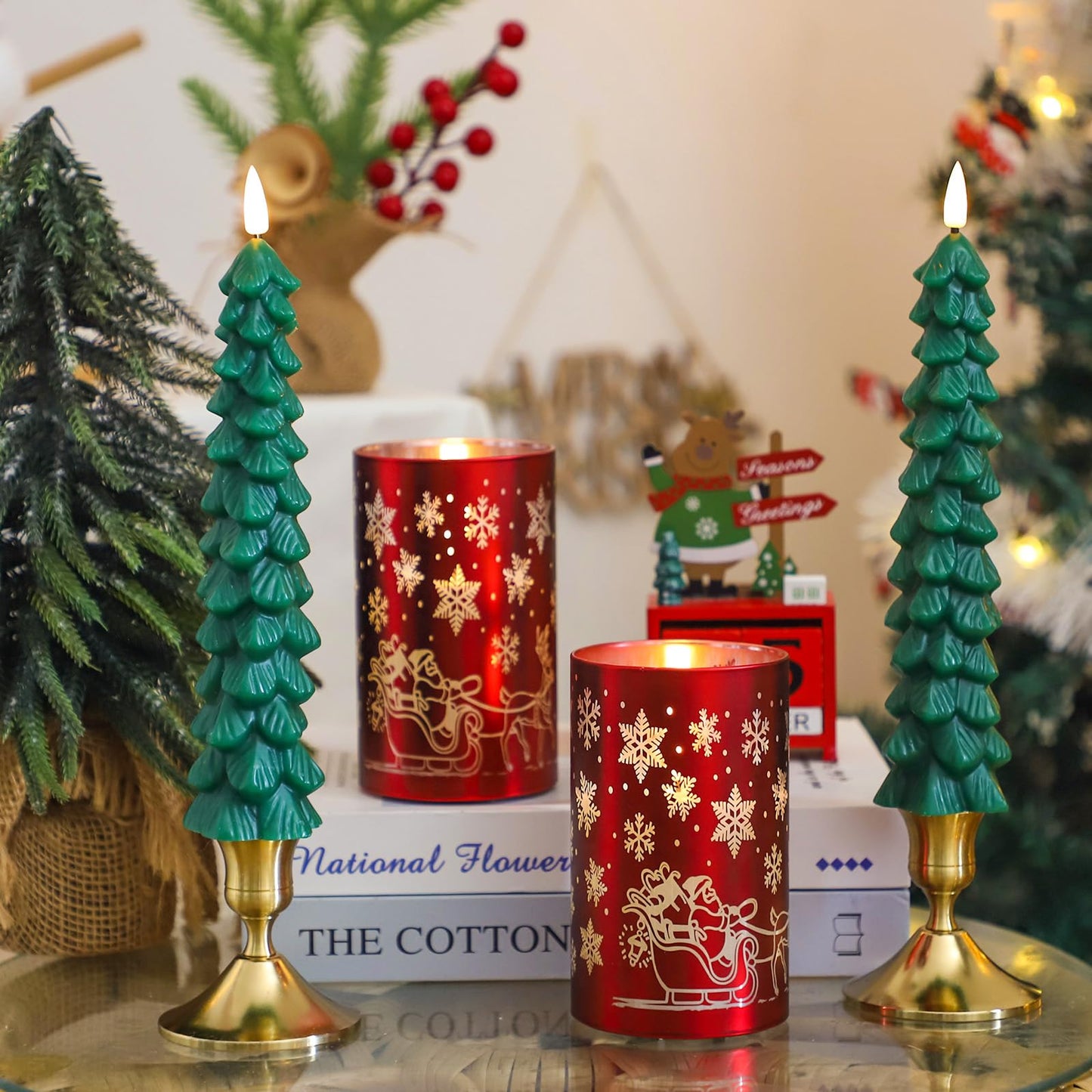 Lezonic Christmas Flameless Candles with Remote, Green Christmas Tree Flickering Battery Operated Window Candlesticks, Red Glass Xmas New Year Decorations Gifts, Set of 4 Real Wax LED Candles