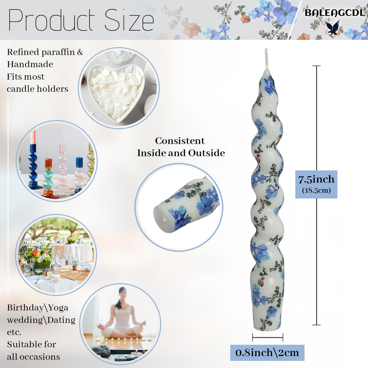 Short Taper Candle Forget-Me-Not Candles Floral Print Spiral Candlesticks, 7.5 Inch Handmade, Set of 2 for Home Wedding Party Decor Gifts