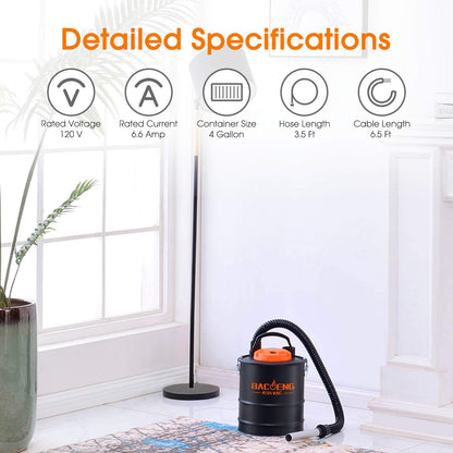 BACOENG Ash Vacuum for Pellet Stoves, 4 Gallon Ash Vac, Ash Vacuum Cleaner for Fireplaces, Wood Stove, Pellet Grill
