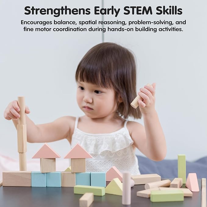 PlanToys 40 Piece Unit Block Building and Construction Block Set (5507) | Pastel Color Collection |Sustainably Made from Rubberwood and Non-Toxic Paints and Dyes