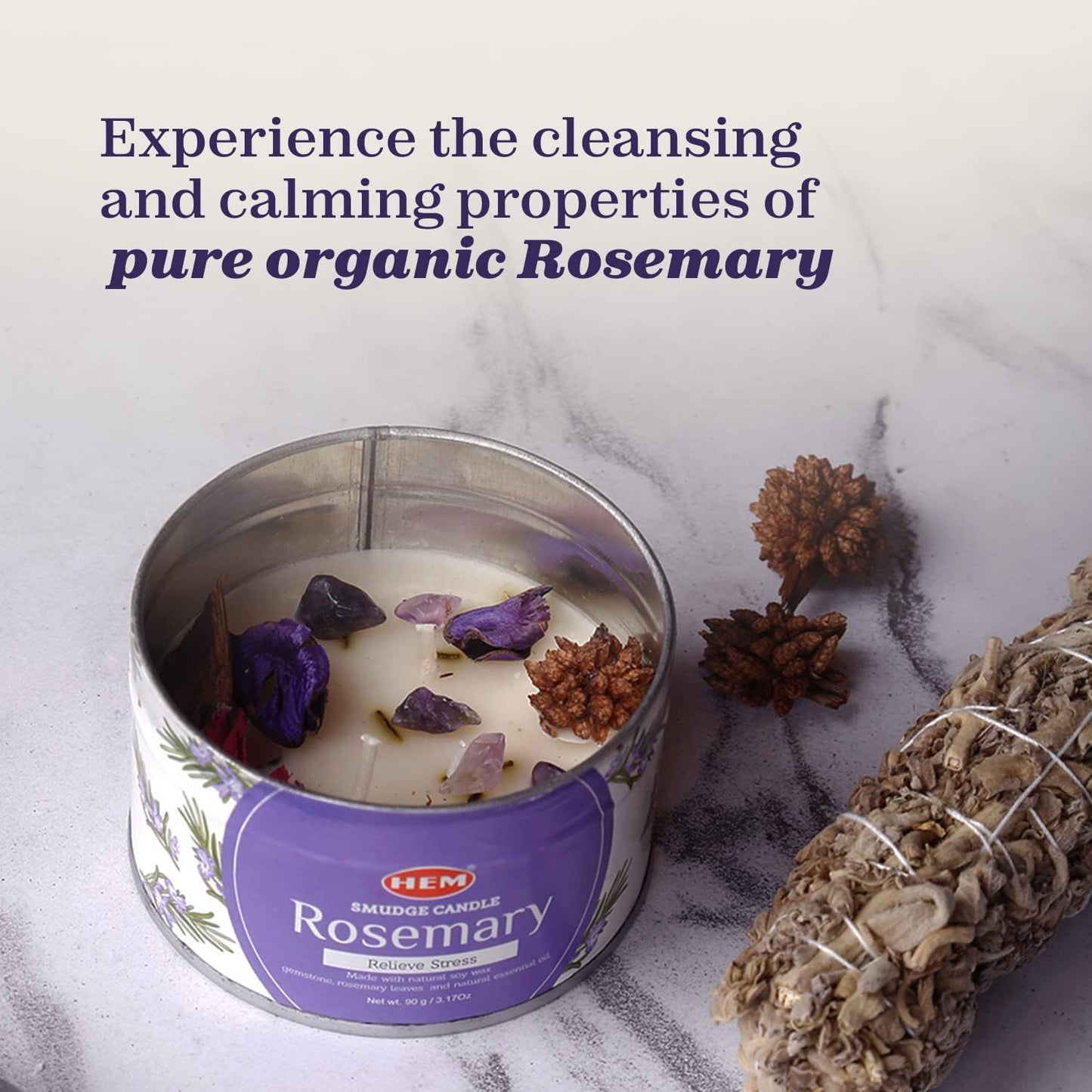 HEM Rosemerry Scented Smudge Candles – 3.2 Oz Natural Soy Candles with Crystals Inside – Long-Lasting 20-Hour Clean Burn – Perfect for Home Cleansing & Relaxation