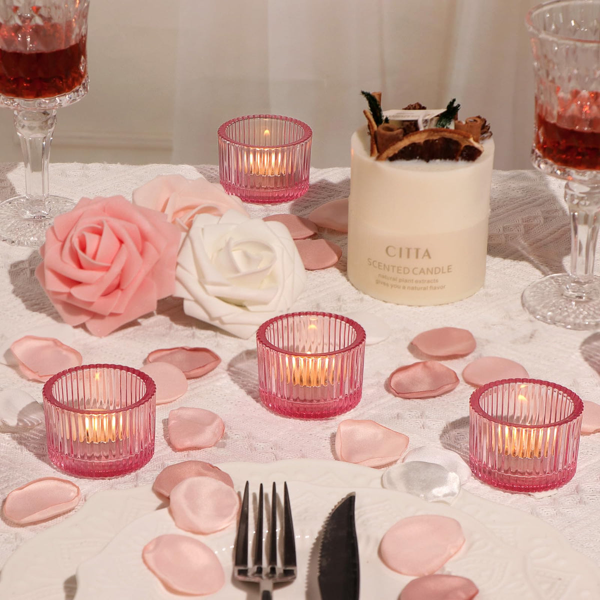 Lanttu Pink Tealight Candle Holder Set of 12, Small Votive Candle Holders for Table Centerpiece,Glass Tea Light Candles Holder for Party&Home,Wedding Decor(2''Dia*1.4''H)