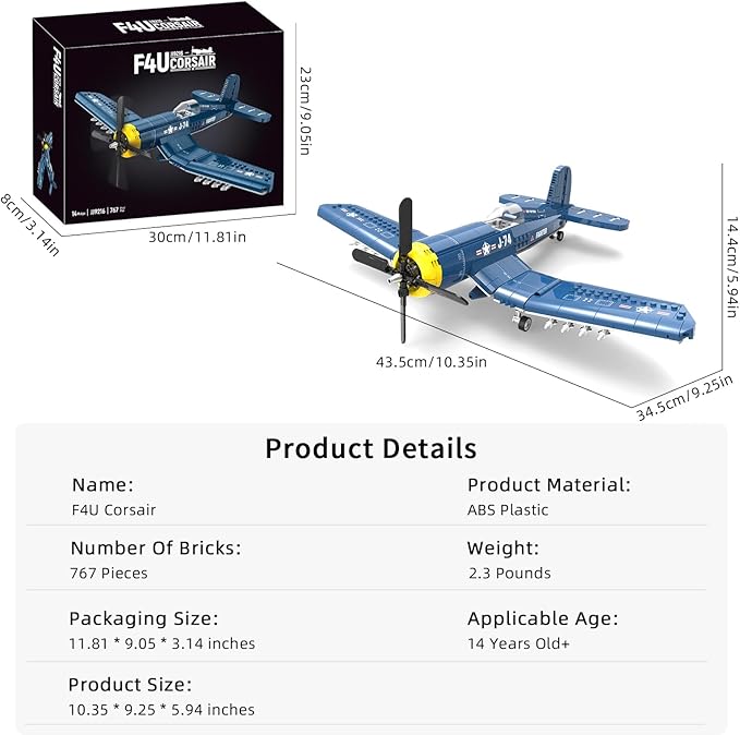 F4U Corsair Fighter Aircraft Building Block Sets - WW2 Military Airplane Building Bricks Toys Navy &amp Marine Corps Warbird Plane Model Kits Birthday Gifts for Boys
