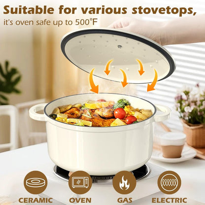 Umite Chef Enameled Cast Iron Dutch Oven-7QT Pot with Lid Cookbook & Cotton, Heavy-Duty Cookware for for Bread Baking, Braising, Stews, Marinate, Cook(Cream White)