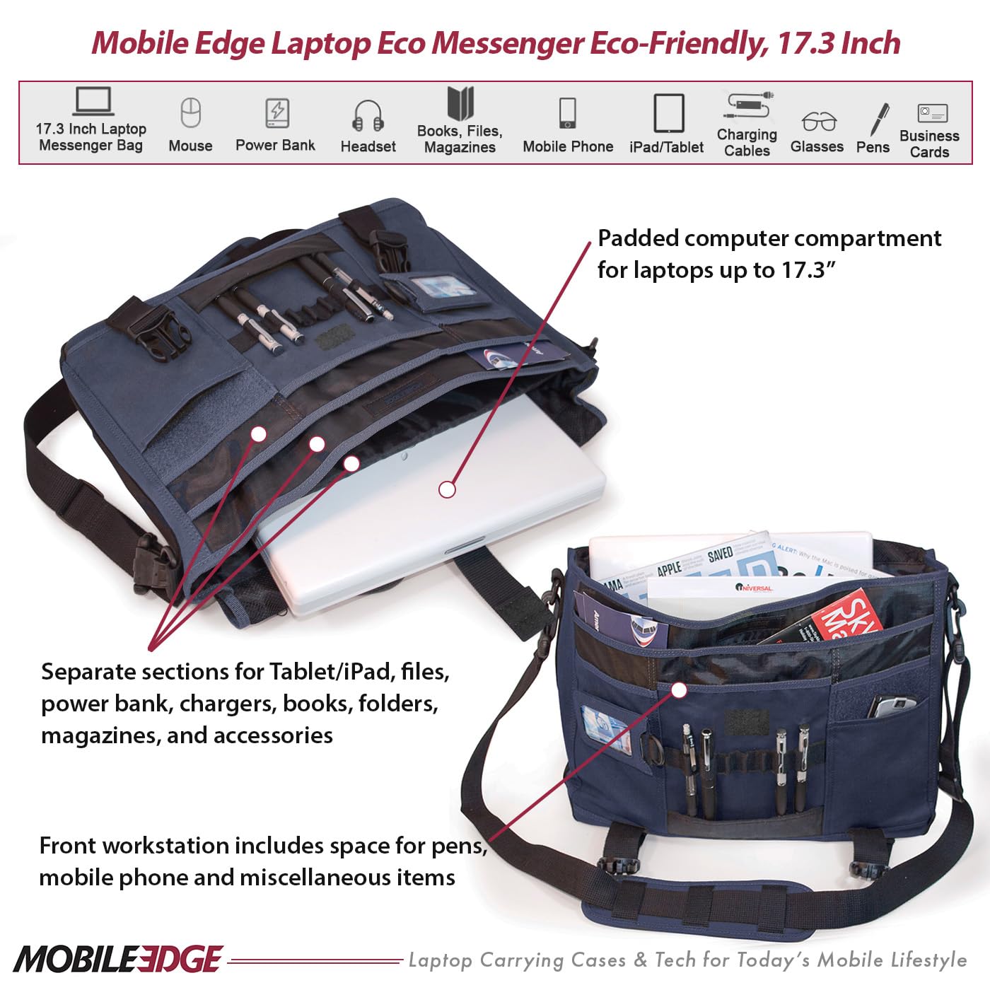 Mobile Edge ECO Laptop Messenger Bag for Men and Women, Fits Up To 17.3 Inch Laptops, Travel Work Computer Bag, Cotton Canvas, Padded Pockets, Black