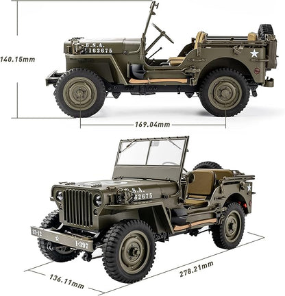 WOWRC RocHobby 1/12 1941 MB Scaler RC Jeep 4x4 Hobby Grade RTR RC Car Mini RC Rock Crawler Military 2.4Ghz RC Truck with LED Lights Battery and USB Charger for Adults