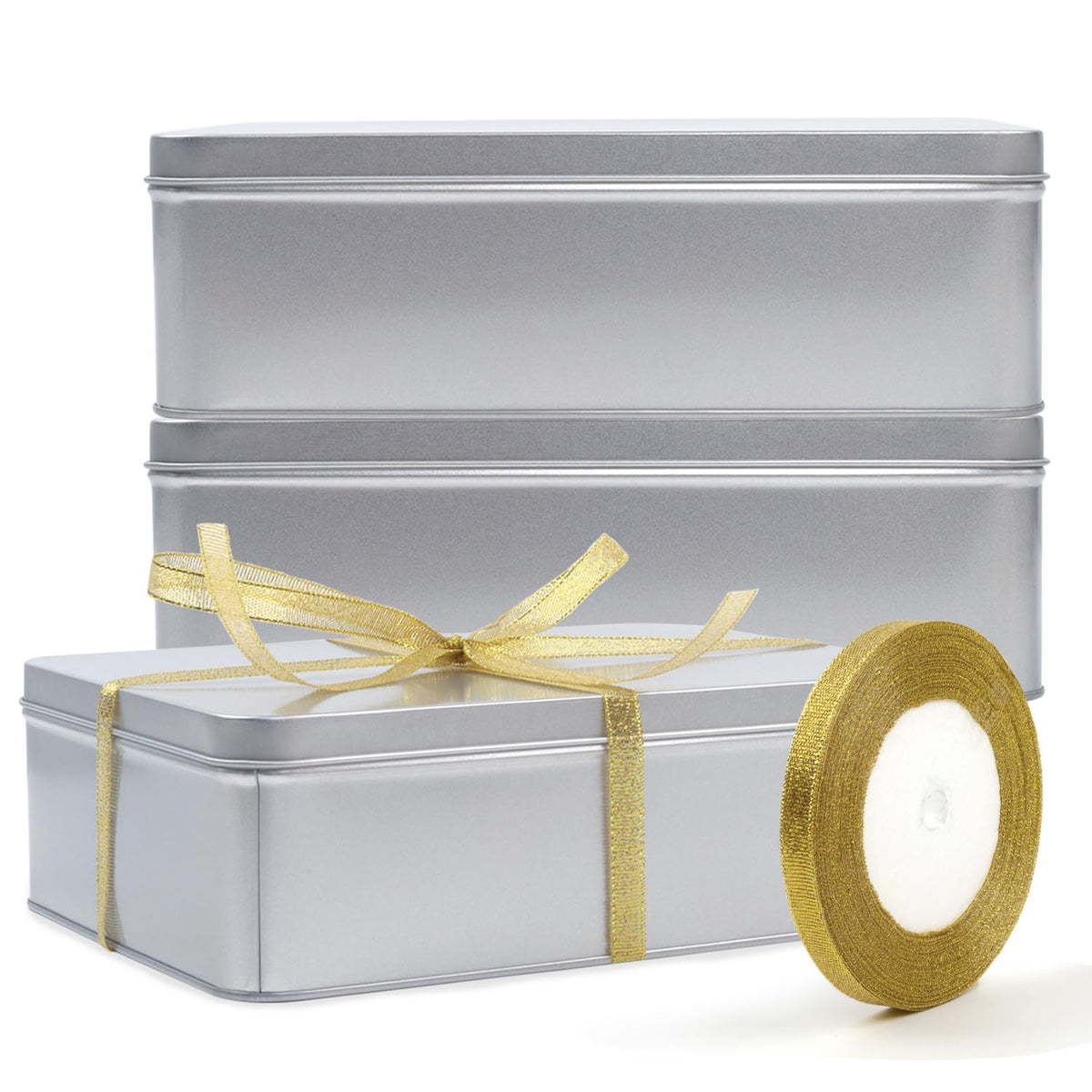 Coobbar Empty Metal Tins Box with Lid,3 Pack Metal Tins Cans Storage Container for Treats, Gifts, Candle, Favors and Crafts, Silver (8.6 x 6.3 x 2.5 Inches)