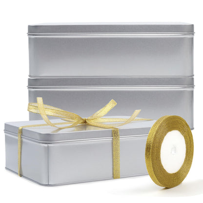 Coobbar Empty Metal Tins Box with Lid,3 Pack Metal Tins Cans Storage Container for Treats, Gifts, Candle, Favors and Crafts, Silver (8.6 x 6.3 x 2.5 Inches)