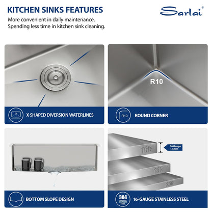 Sarlai 33 Kitchen Sink Undermount - 33 x 19 Inch Undermount Sink Ledge Workstation Deep Single Bowl 16 Gauge Stainless Steel Under Counter Kitchen Sinks Basin