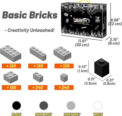 1000 Piece Blocks for Building Classic Bulk 2x4 Basics Bricks Building Set Compatible with All Major Brands Creative STEM Building Toys for Kids Ages 4 5 6 7 8 (Black &amp Gray &amp White)