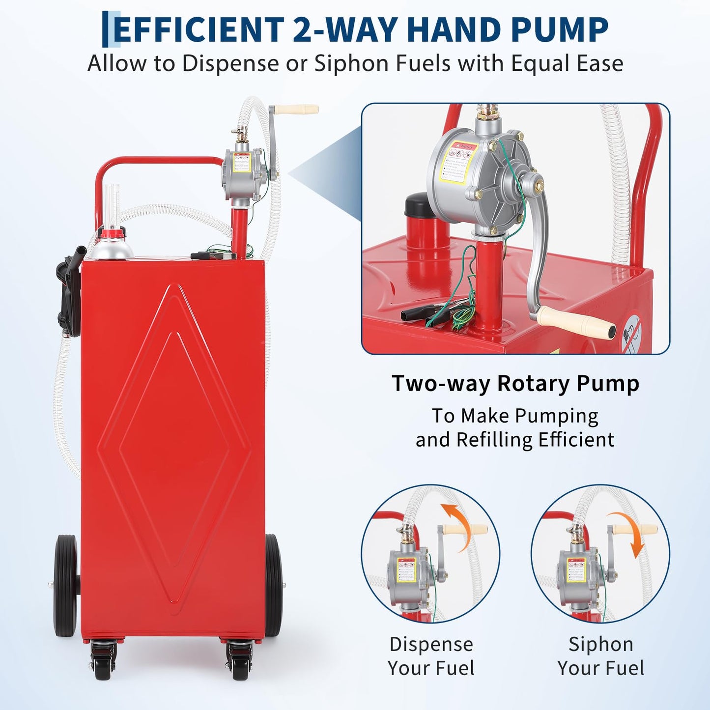 30 Gallon Portable Fuel Caddy with Manual Pump, Heavy Duty Mobile Fuel Transfer Tank On 4 Wheels, Gasoline & Diesel Storage Container for Trucks, Boats, ATVs, Lawn Mowers, Farm Equipment - Red