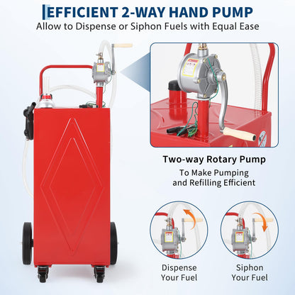 30 Gallon Portable Fuel Caddy with Manual Pump, Heavy Duty Mobile Fuel Transfer Tank On 4 Wheels, Gasoline & Diesel Storage Container for Trucks, Boats, ATVs, Lawn Mowers, Farm Equipment - Red