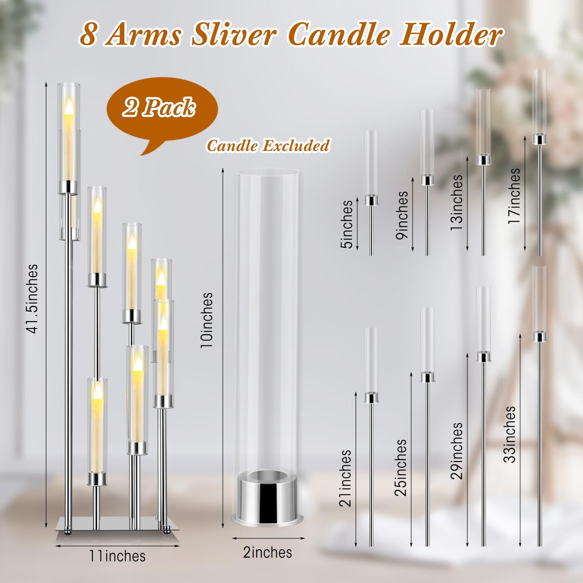 Dandat 41.5" Tall Floor Candelabras, 8-arm Cluster Standing Candle Holders with Clear Acrylic Shades, Silver Wedding Centerpiece Candelabra for Flameless/LED Taper Candles, Party & Event Decor(2 Pack)