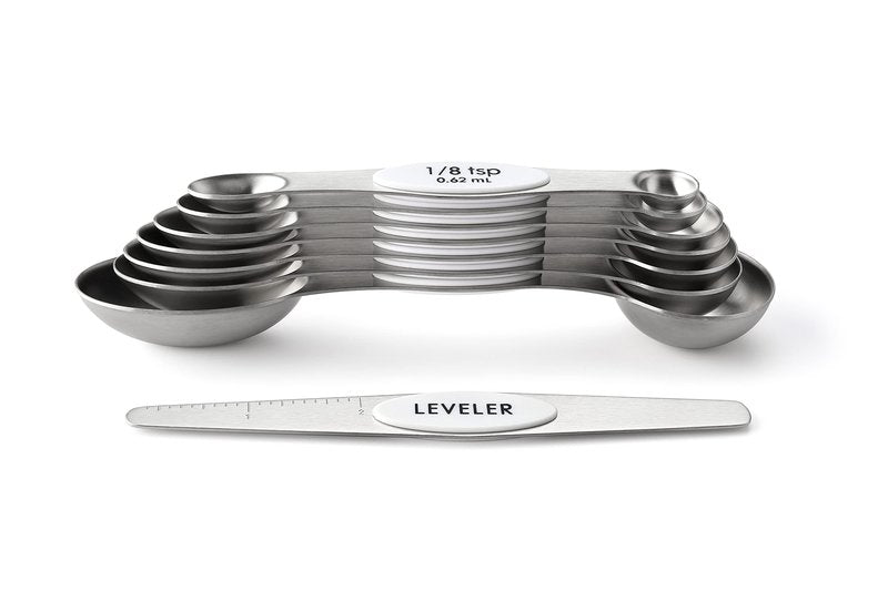 Spring Chef White Stainless Steel Magnetic Measuring Spoons Set of 8 with Leveler, Dual Sided Metal Teaspoon & Tablespoon Measuring Spoons, Fits in Spice Jars, Kitchen Gadgets for Baking & Cooking