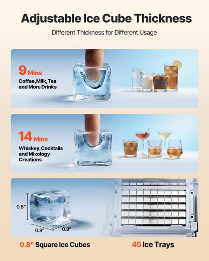 VEVOR Commercial Ice Maker Machine, 120 lbs/24H Ice Production, 33 lbs Storage Bin, 45 Cubes per Cycle, Stainless Steel Under Counter & Freestanding Ice Maker with LED Display, for Home Bar Restaurant