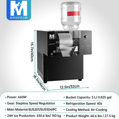 MWNYTUOH Snowflake Ice Machine, 330.6LBS/24H 660W Shaved Ice Machine, Rapid Cooling, Food-Grade Stainless Steel Material, Snowflake Ice Maker for Dessert, Ice Cream,Suitable for Party＆Commercial Use